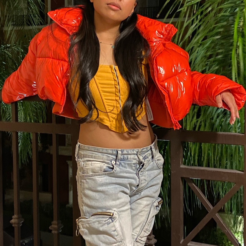 XS Zara Cropped Quilted Puffer Jacket Glossy Orange 🔥Hot Item + Blogger Fave🔥 - Picture 9 of 9